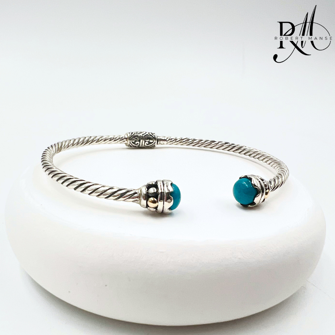 Bali RoManse Turquoise Sterling Silver with 18K Gold Accents Twisted Cable Hinged Bracelet