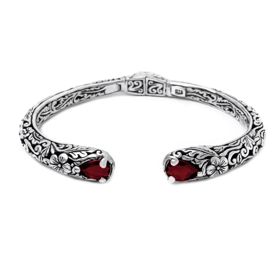 Bali RoManse Garnet Floral Sterling Silver Hinged Cuff Bracelet