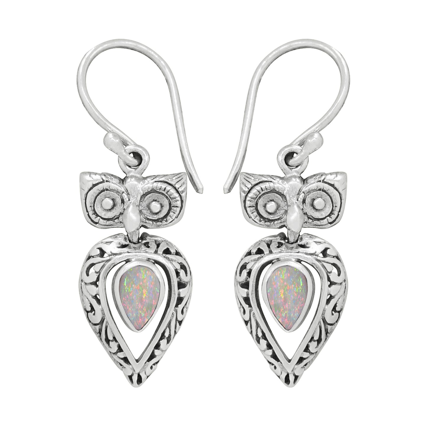 Bali RoManse Created Opal Owl Motif Sterling Silver Dangle Earrings