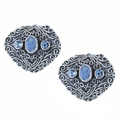 Bali RoManse Lab Created Opal & Blue Topaz Curved Sterling Silver Earrings