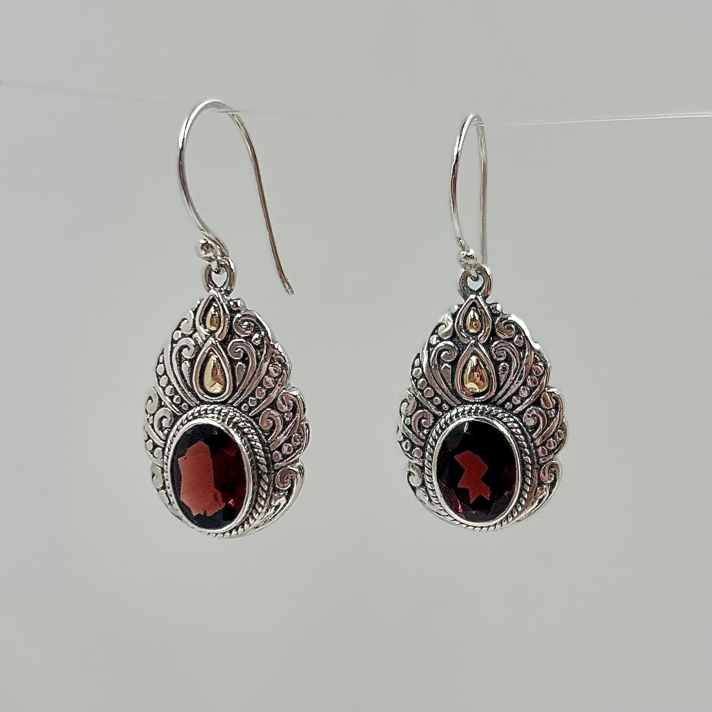Bali RoManse Garnet Sterling Silver Dangle Earrings with 18K Gold Accents