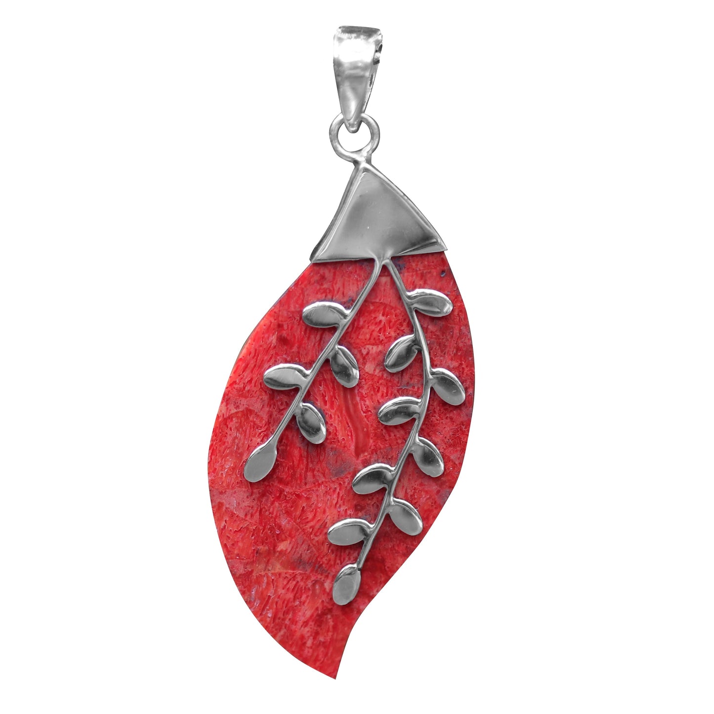 Bali RoManse Red Coral Leaf Sterling Silver Pendant