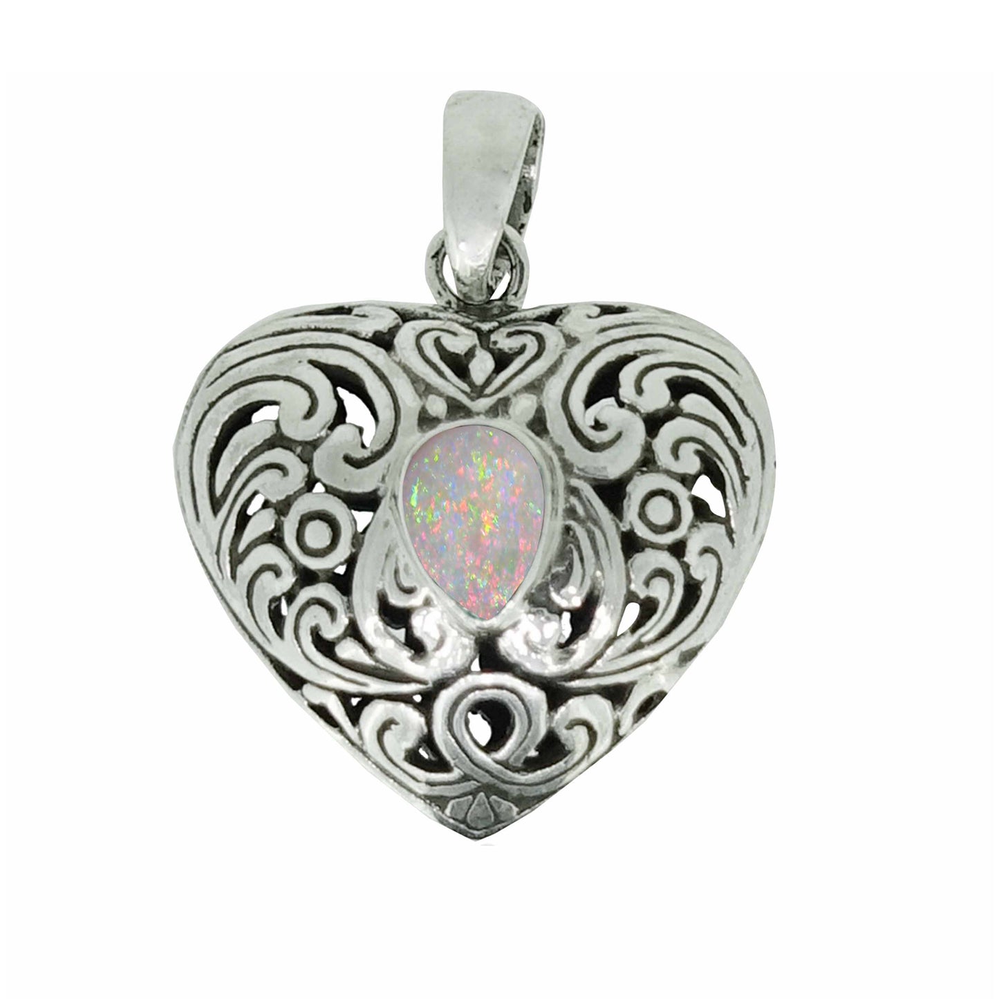 Bali RoManse Sterling Silver Lab-Created White Opal Heart Pendant