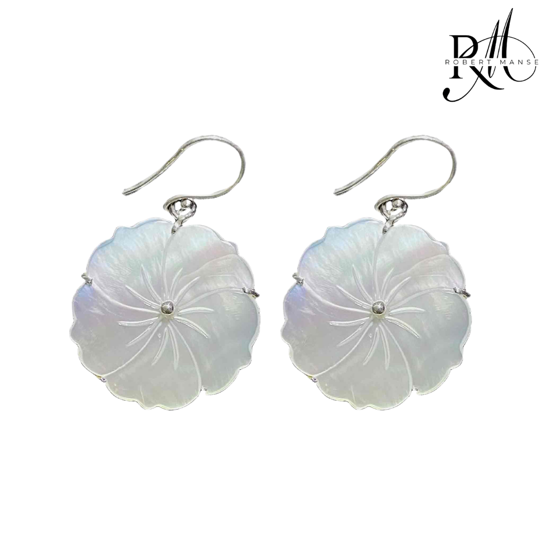 Bali RoManse Sterling Silver Fancy Carved Mother of Pearl Flower Earrings