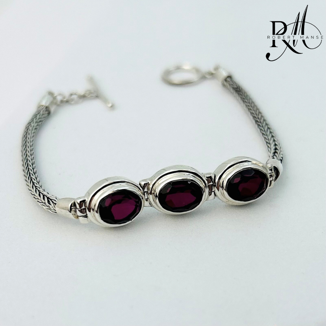 Gem RoManse Triple Stone Sterling Silver Foxtail Toggle Bracelet