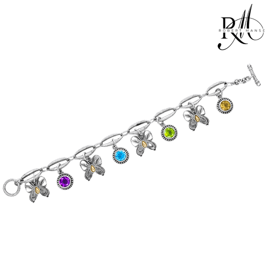 Bali RoManse Gemstone & Butterfly Charm Sterling Silver & 18K Gold Bracelet