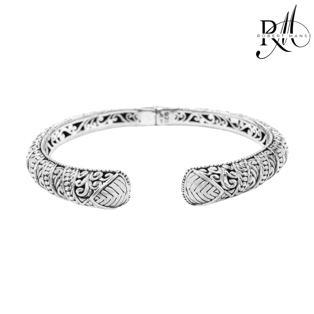 Bali RoManse Scrollwork & Basket Weave Sterling Silver Hinged Cuff Bracelet