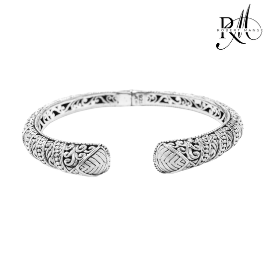 Bali RoManse Scrollwork & Basket Weave Sterling Silver Hinged Cuff Bracelet