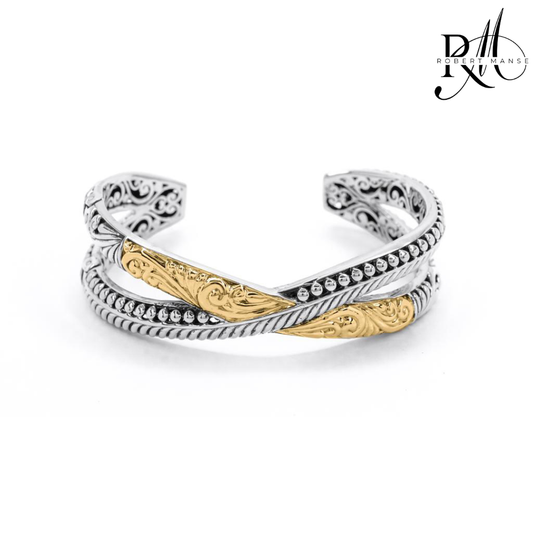 Bali RoManse "X" Open Sterling Silver & 18K Gold Hinged Cuff Bracelet