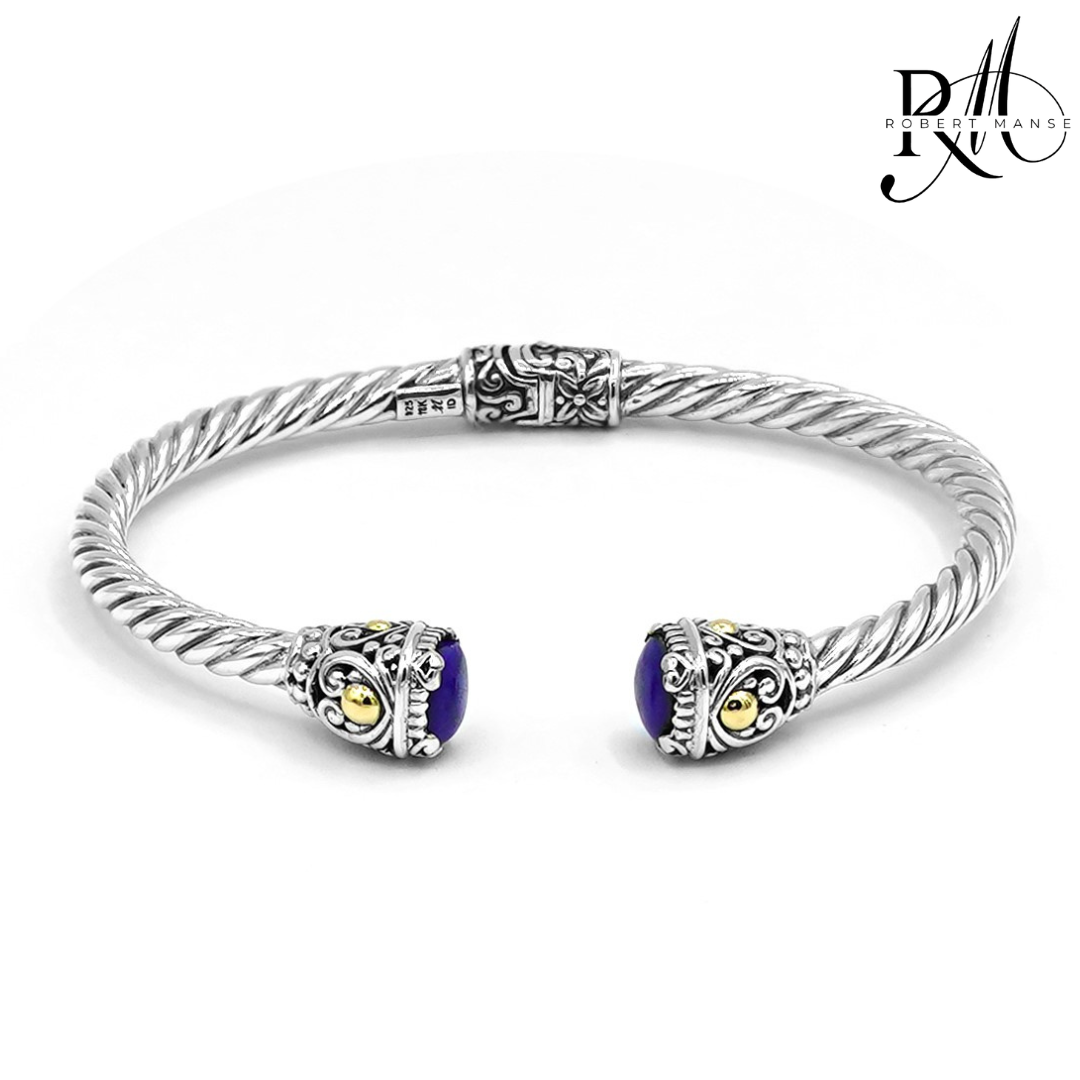 Bali RoManse Lapis Lazuli Twisted Cable Sterling Silver Hinged Cuff Bracelet