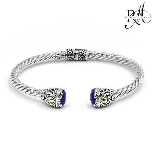 Bali RoManse Lapis Lazuli Twisted Cable Sterling Silver Hinged Cuff Bracelet