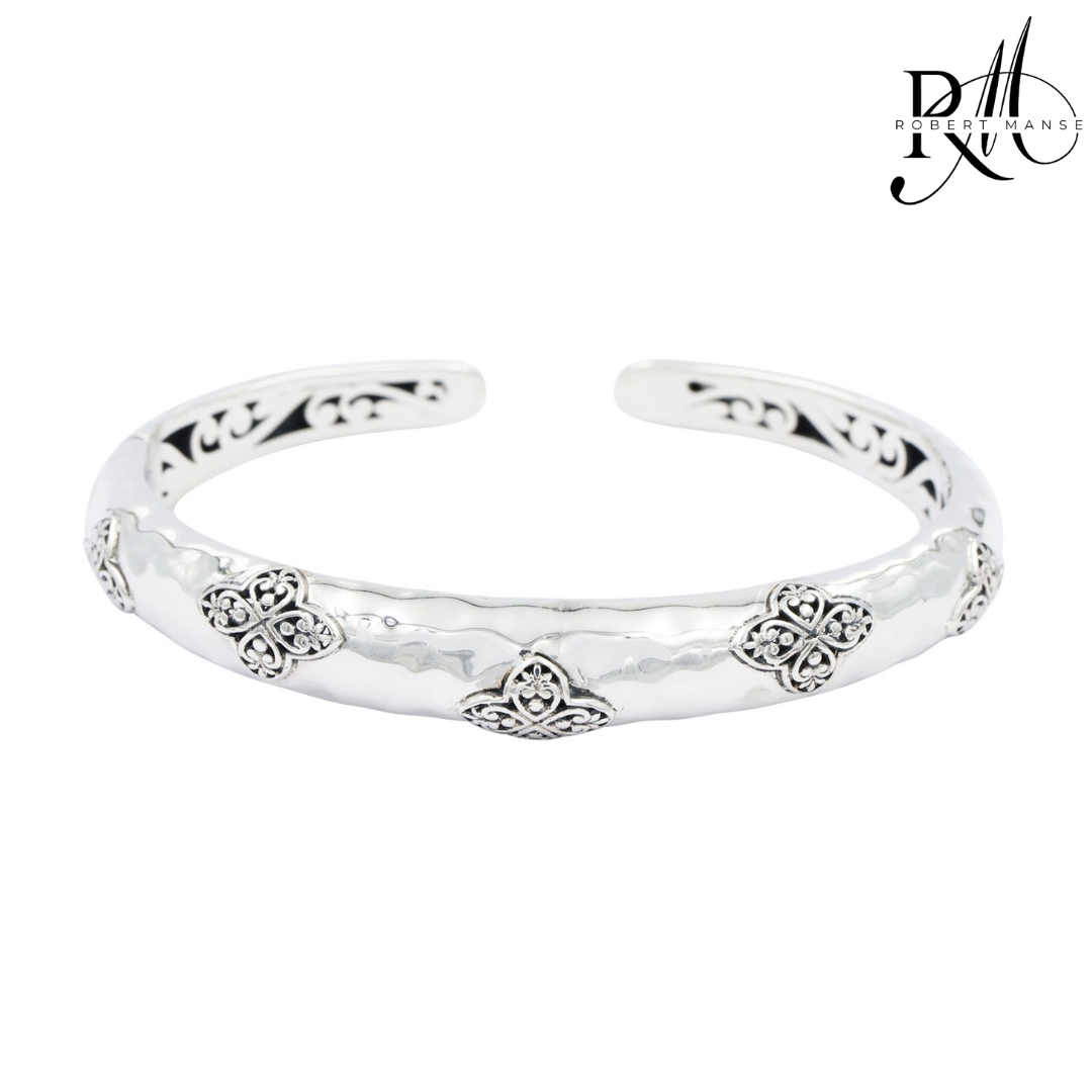 Bali RoManse Scrollwork Clover Hammered Sterling Silver Hinged Cuff Bracelet