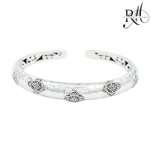 Bali RoManse Scrollwork Clover Hammered Sterling Silver Hinged Cuff Bracelet