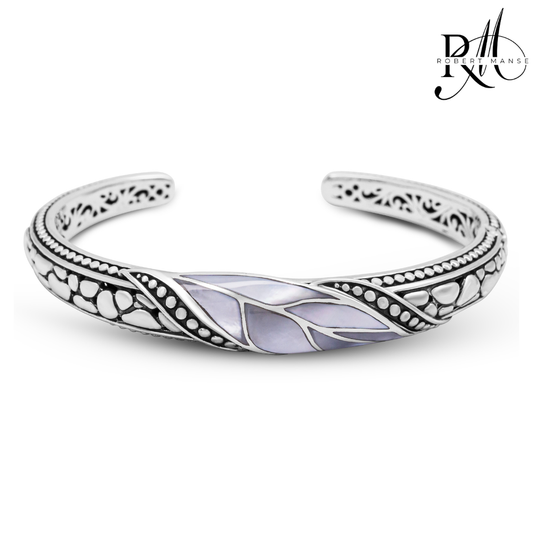 Bali RoManse Mother of Pearl Leaf & River Rock Sterling Silver Hinged Cuff Bracelet