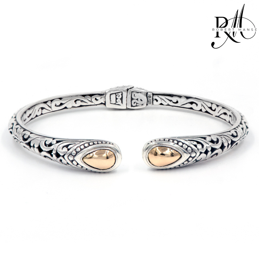 Bali RoManse 18K Gold Dome Sterling Silver Hinged Cuff Bracelet