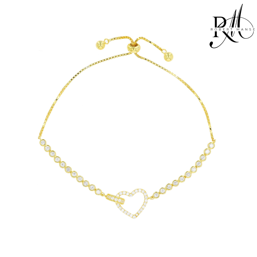 CZ RoManse Heart Charm Adjustable Sterling Silver Bracelet