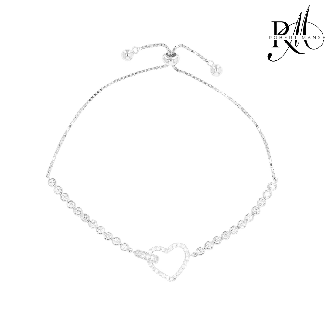 CZ RoManse Heart Charm Adjustable Sterling Silver Bracelet