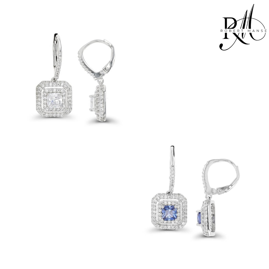 CZ RoManse Double Halo Square Drop Leverback Earrings