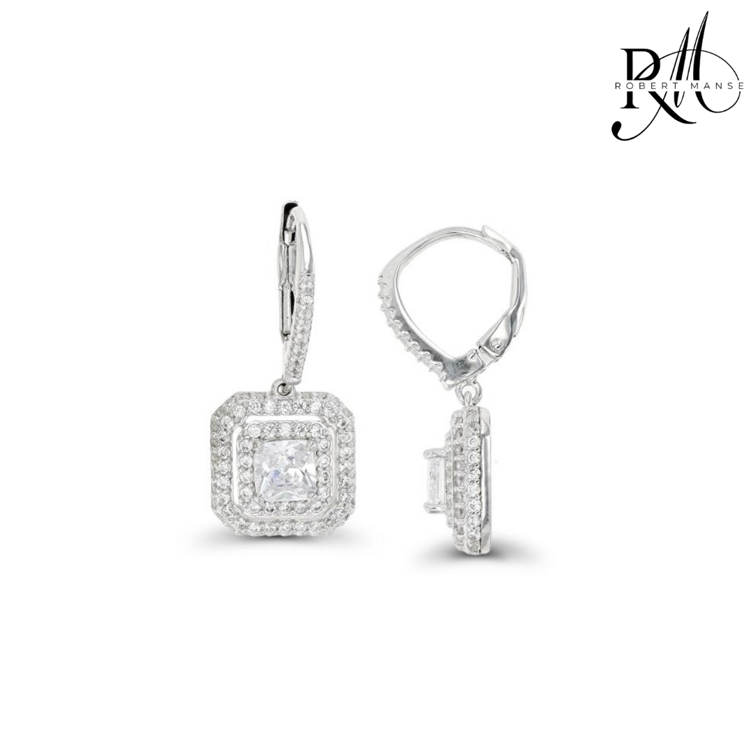 CZ RoManse Double Halo Square Drop Leverback Earrings