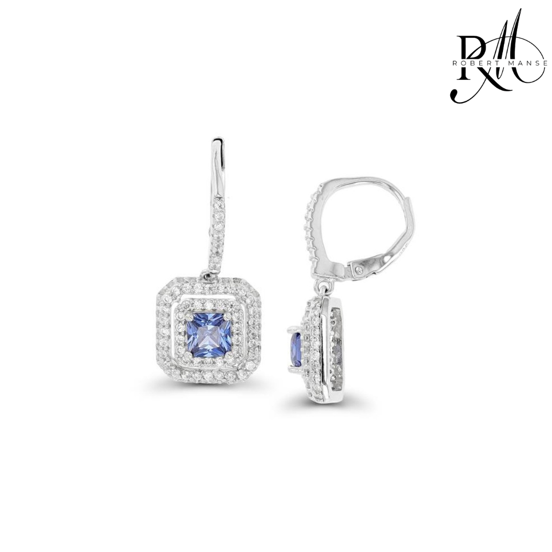 CZ RoManse Double Halo Square Drop Leverback Earrings