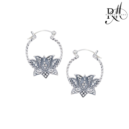 Bali RoManse Lotus Flower Sterling Silver Hoop Earrings