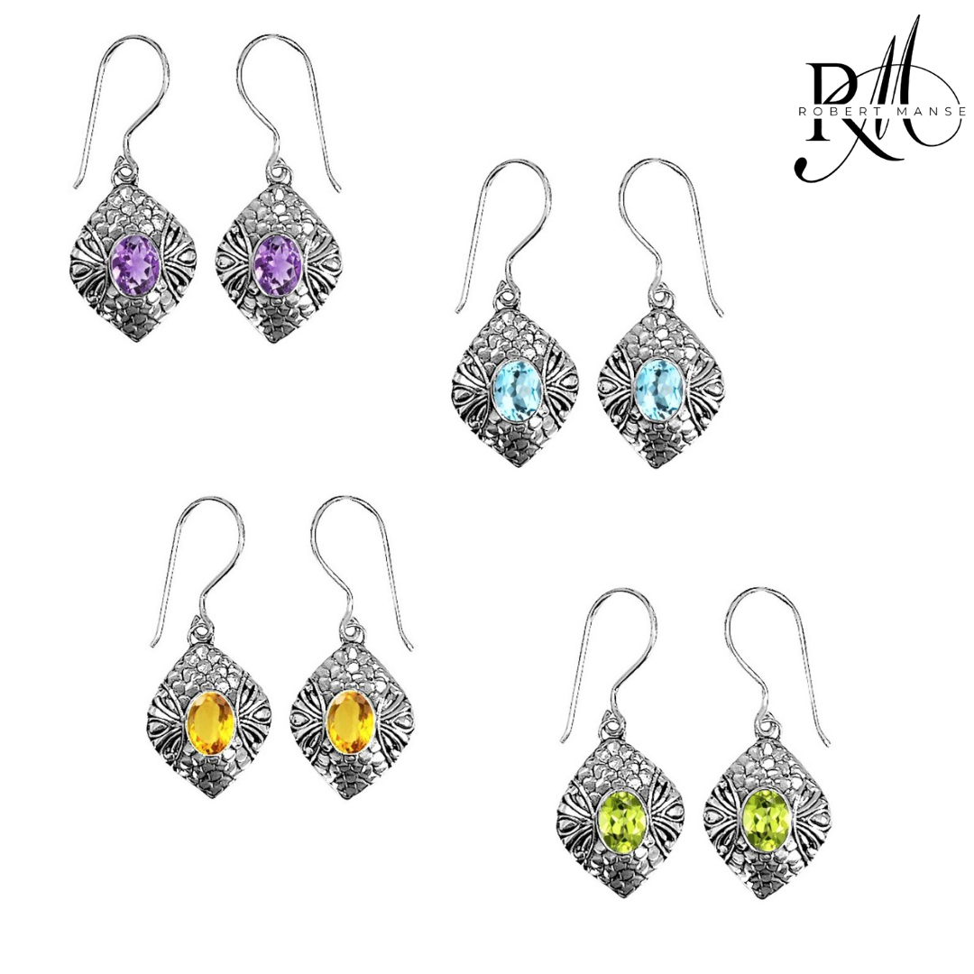 Bali RoManse Oval Gemstone Sterling Silver Dangle Earrings