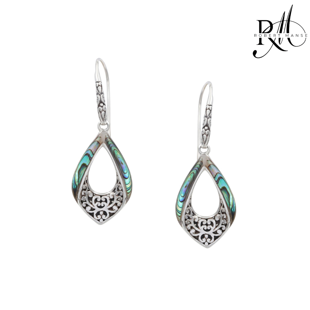 Bali RoManse Abalone Scrollwork Tear Drop Sterling Silver Earrings