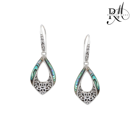 Bali RoManse Abalone Scrollwork Tear Drop Sterling Silver Earrings