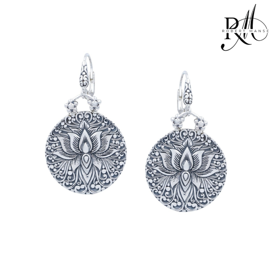 Bali RoManse Lotus Flower Medallion Sterling Silver Leverback Earrings