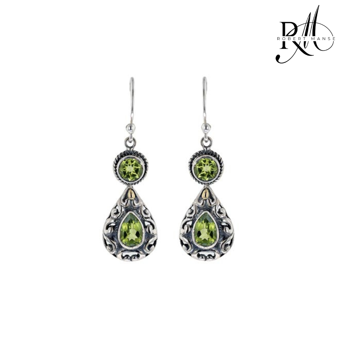 Bali RoManse Double Peridot & Sterling Silver Scrollwork Dangle Earrings