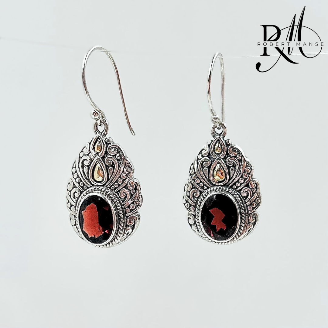 Bali RoManse Garnet Sterling Silver Dangle Earrings with 18K Gold Accents