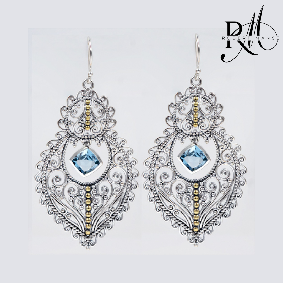 Gem RoManse Filigree Scrollwork Sterling Silver & 18k Gold Chandelier Earrings