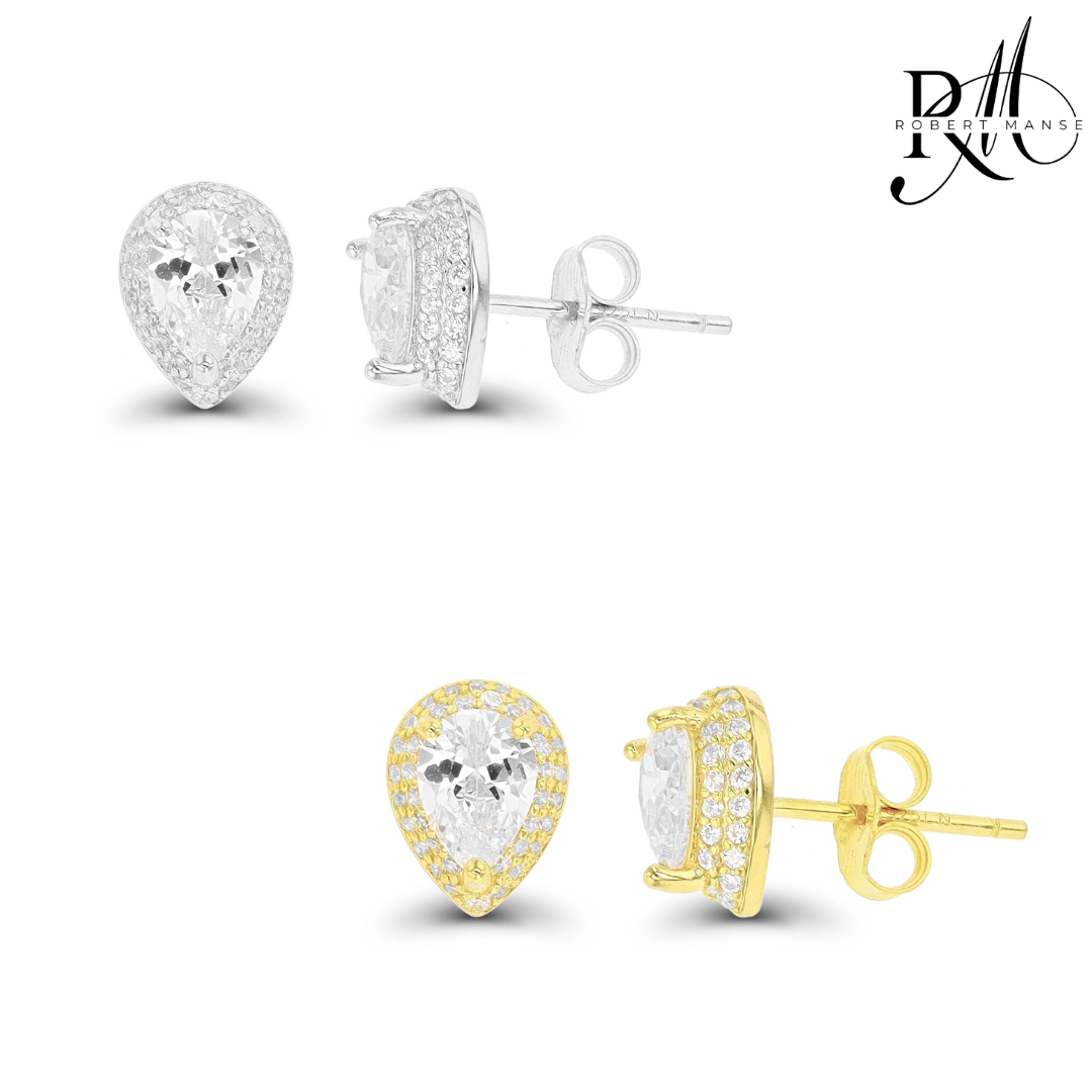 CZ RoManse Pear Domed Sterling Silver Stud Earrings