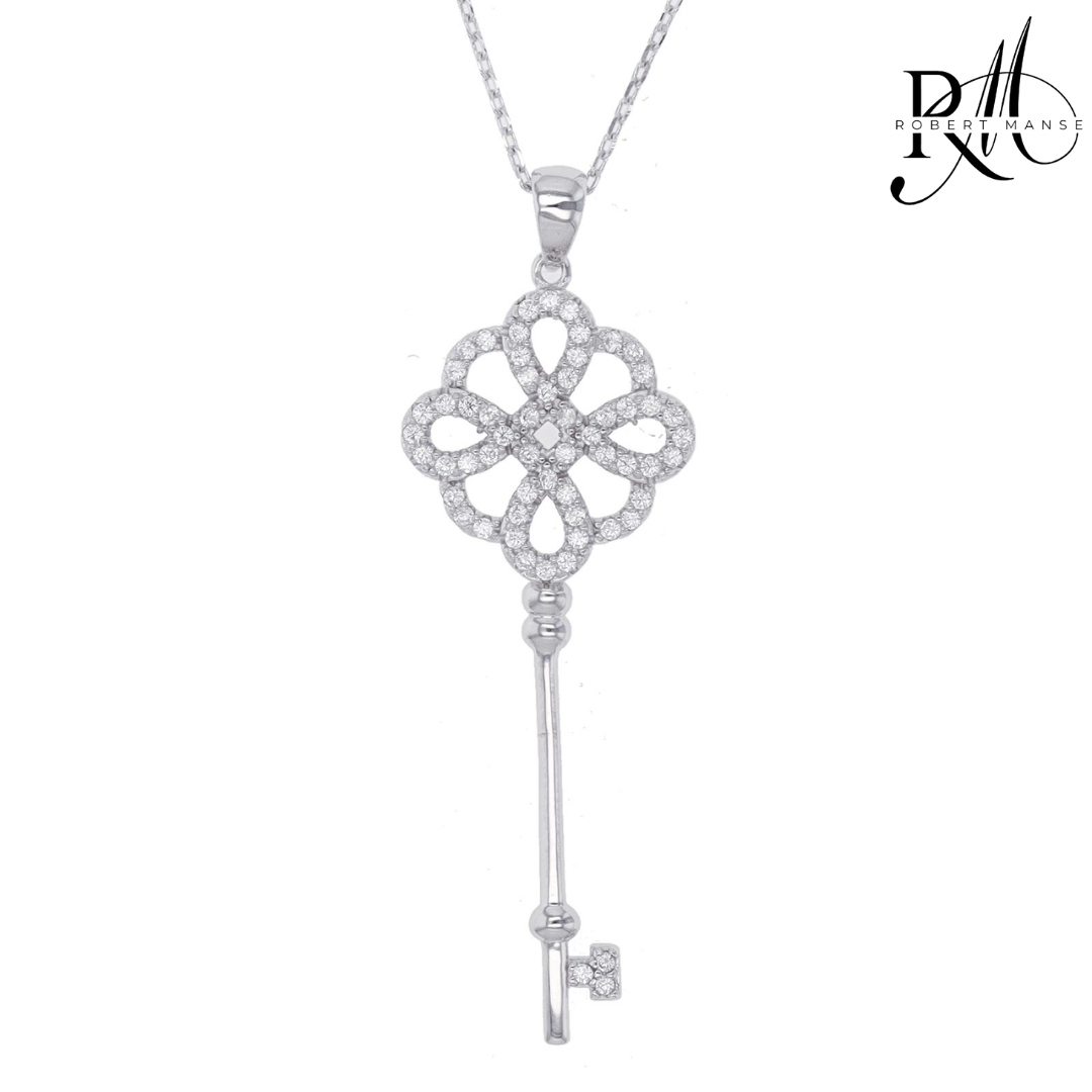 CZ RoManse Key Pendant 17" Sterling Silver Necklace