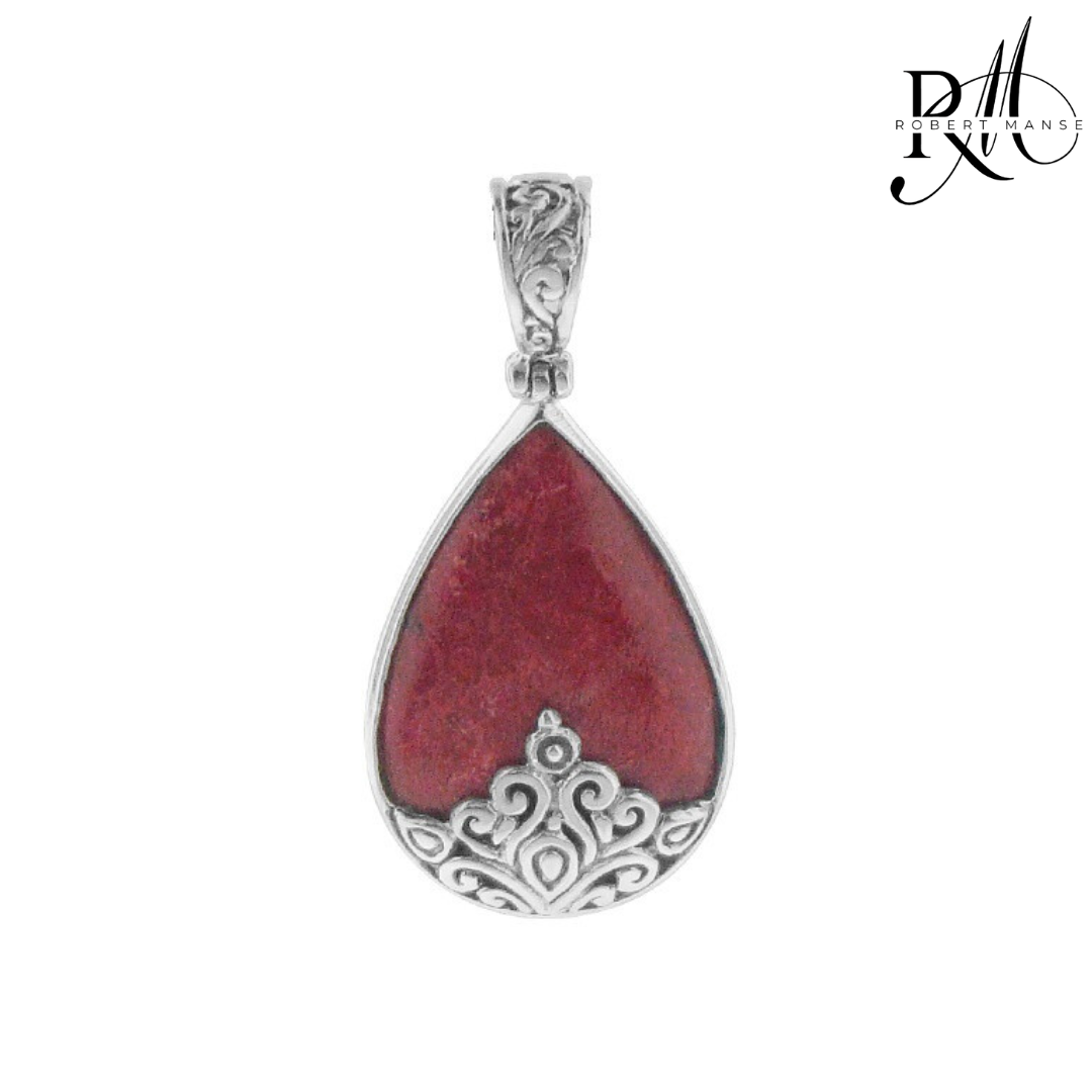 Bali RoManse Red Coral Scrollwork Sterling Silver Pendant