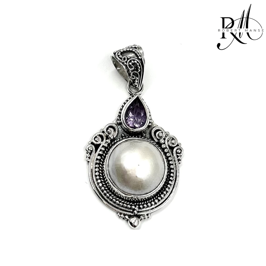 Bali RoManse Mabe Pearl & Amethyst Sterling Silver Scrollwork Pendant