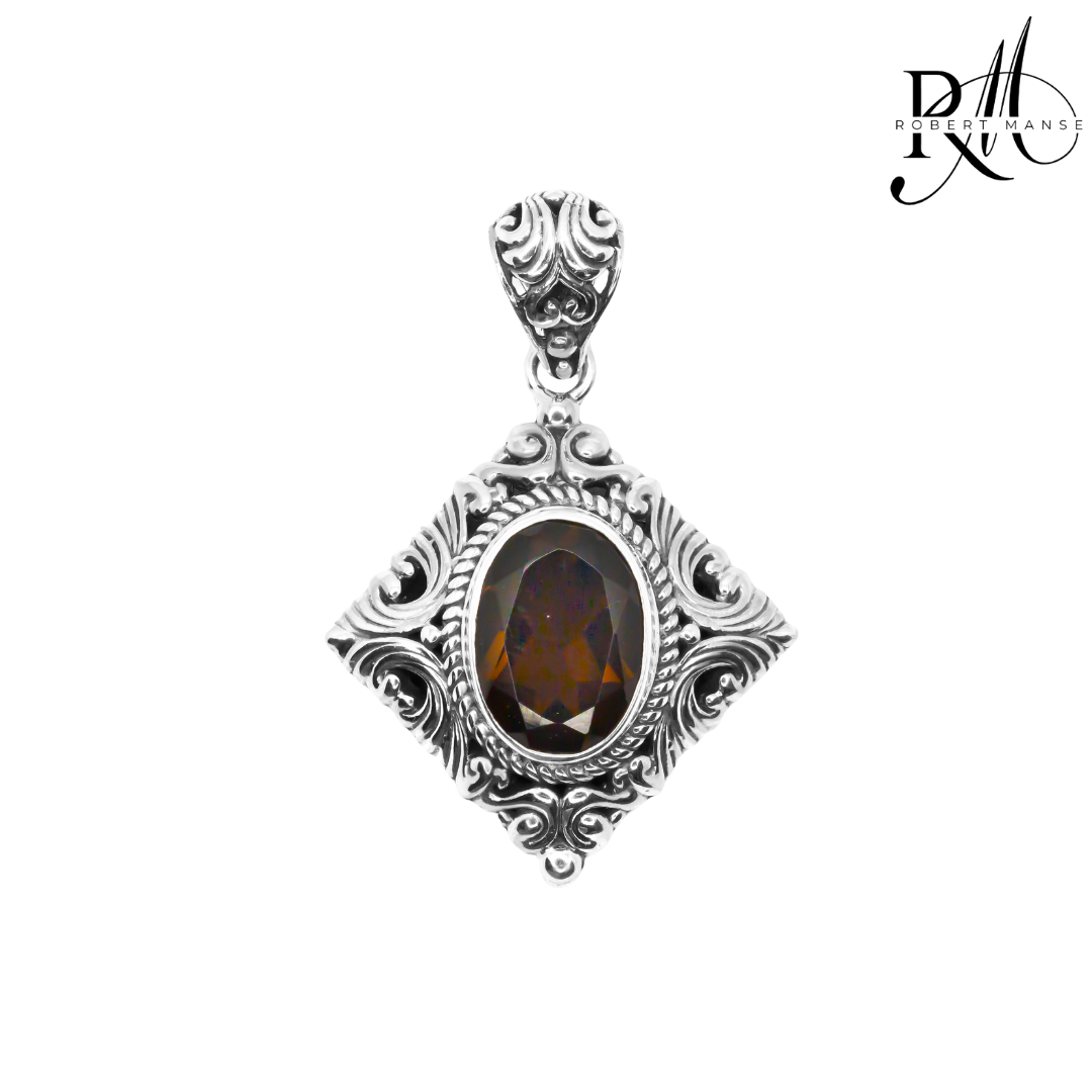 Bali RoManse Smoky Quartz Scrollwork Sterling Silver Pendant