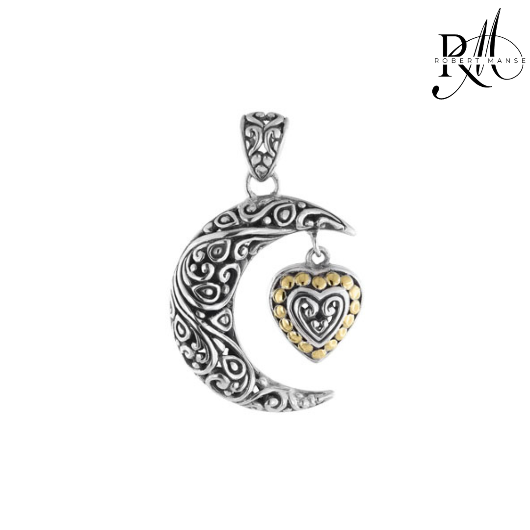 Bali RoManse Crescent Moon & Heart Two-Tone Scrollwork Pendant