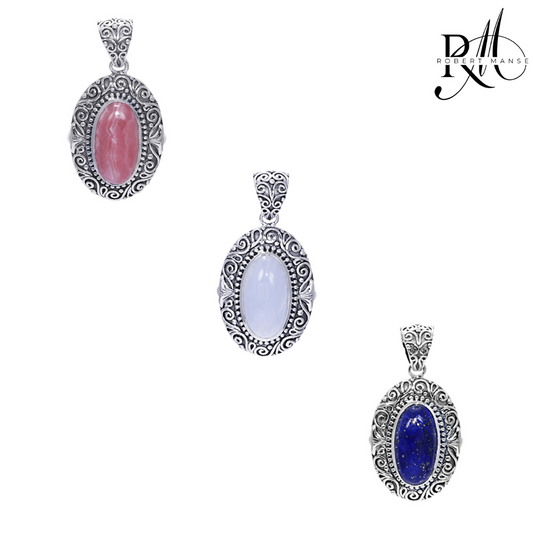 Gem RoManse Oval Gemstone Sterling Silver Scrollwork Pendant