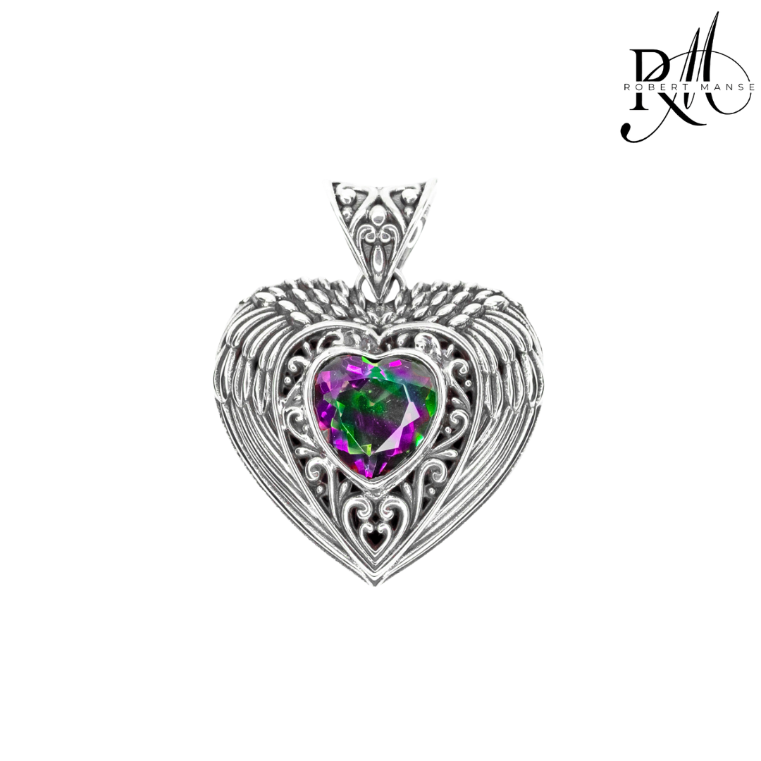 Bali RoManse Magic Green Quartz Angel Wing Heart Sterling Silver Pendant