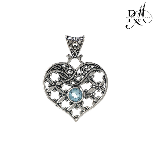 Bali RoManse Blue Topaz Scrollwork Heart Sterling Silver Pendant