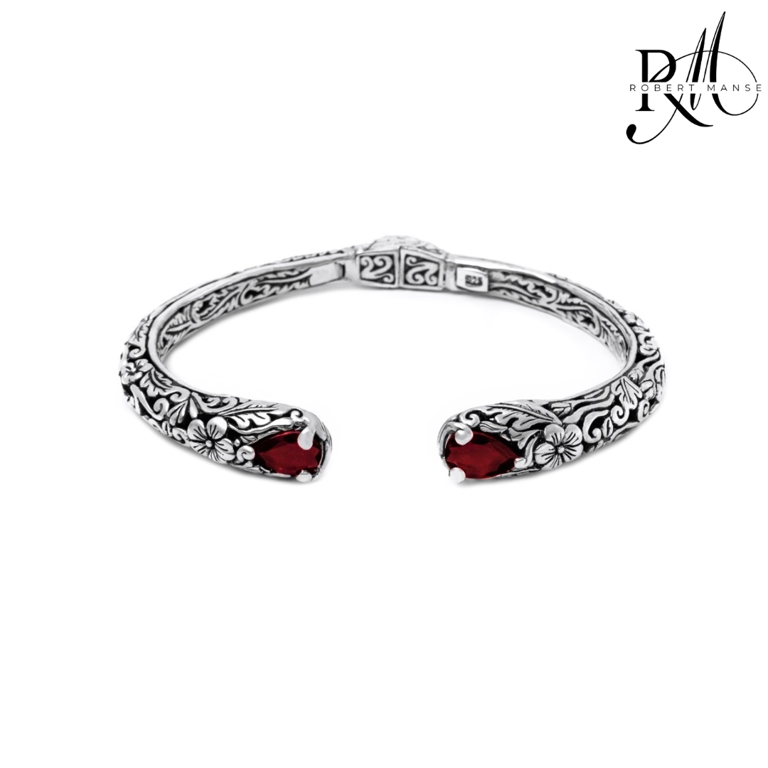 Bali RoManse Garnet Floral Sterling Silver Hinged Cuff Bracelet