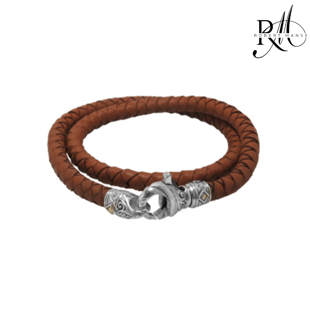 BroManse Leather Wrap Bracelet with Sterling Silver Lobster Clasp & 18K Gold Accents