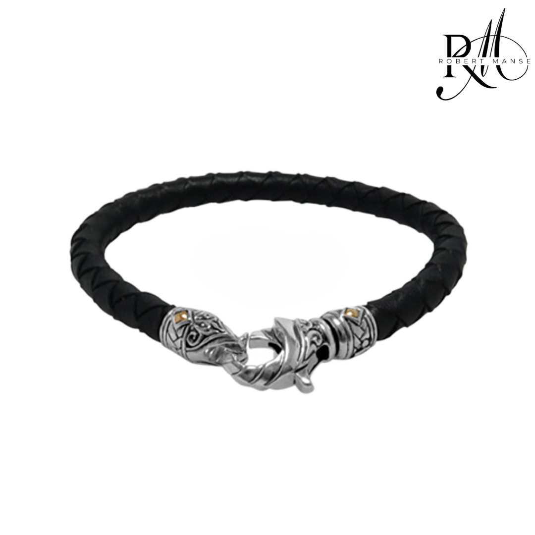 BroManse Leather & Sterling Silver Bracelet with 18K Gold Accents