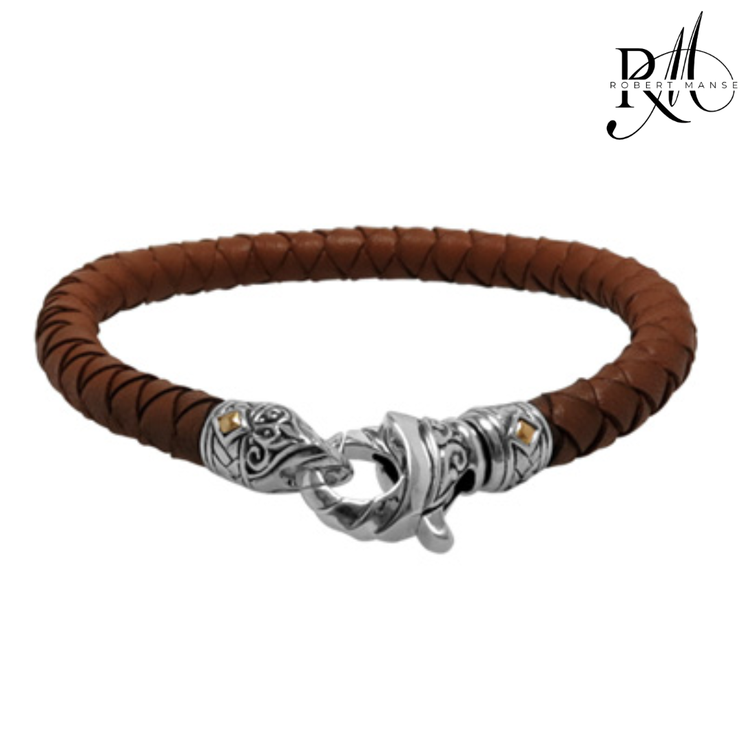 BroManse Leather & Sterling Silver Bracelet with 18K Gold Accents