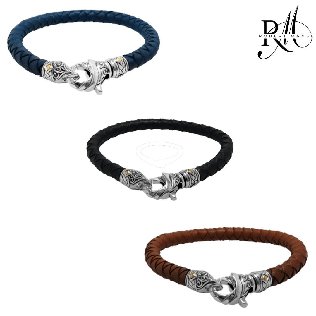 BroManse Leather & Sterling Silver Bracelet with 18K Gold Accents