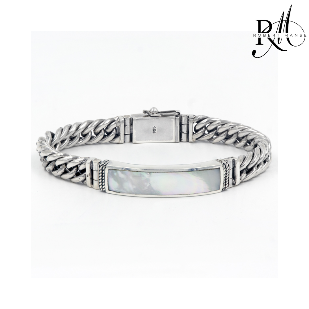 BroManse Shell & Sterling Silver Curb Chain Link 8.5" Bracelet