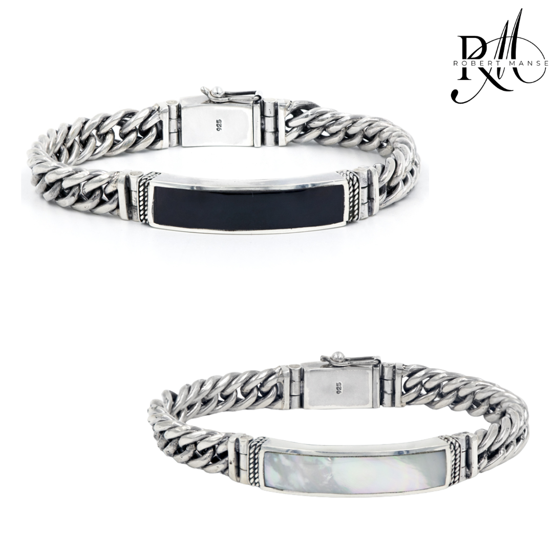 BroManse Shell & Sterling Silver Curb Chain Link 8.5" Bracelet