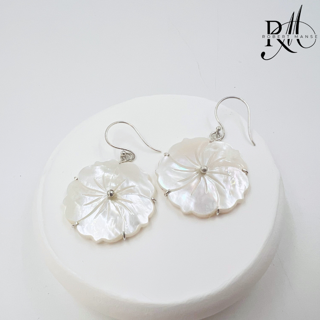 Bali RoManse Sterling Silver Fancy Carved Mother of Pearl Flower Earrings