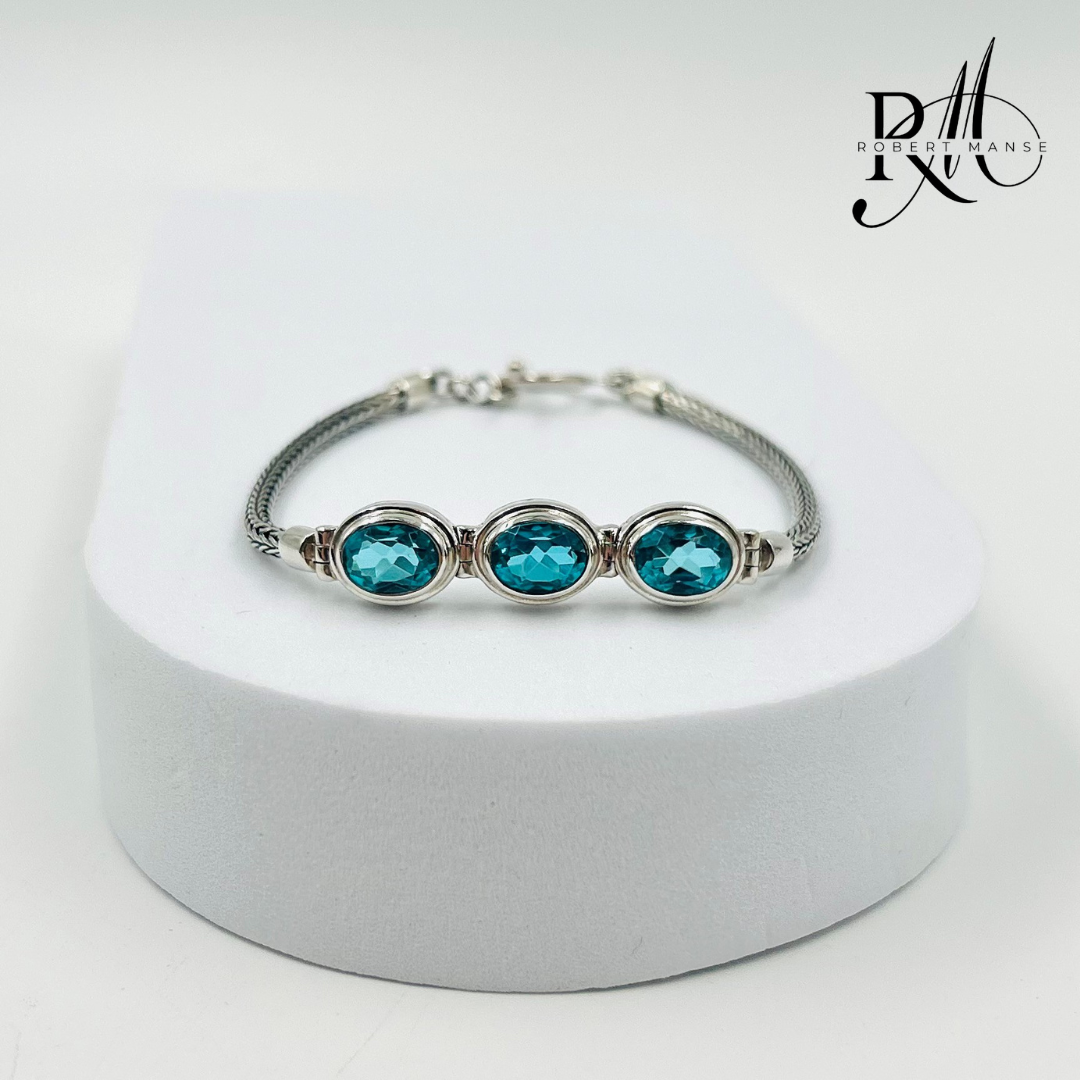 Gem RoManse Triple Stone Sterling Silver Foxtail Toggle Bracelet